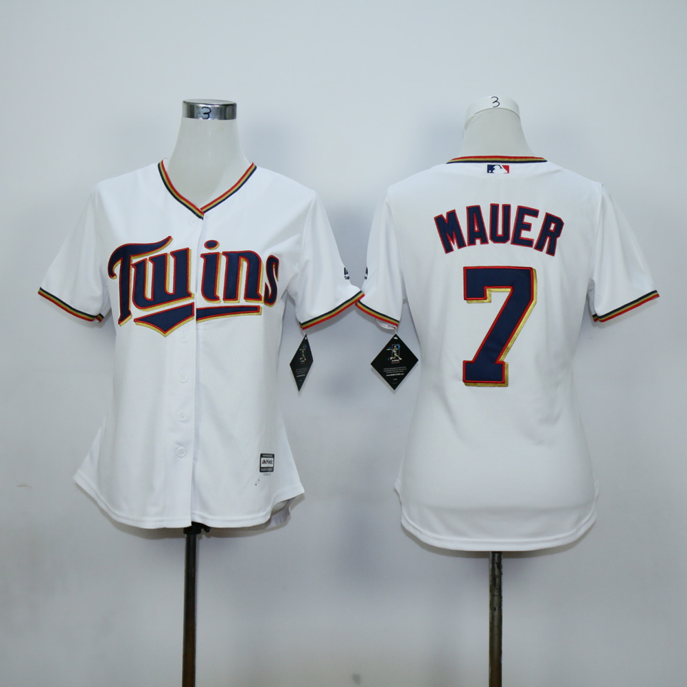 Women Minnesota Twins #7 Mauer White MLB Jerseys->women mlb jersey->Women Jersey
